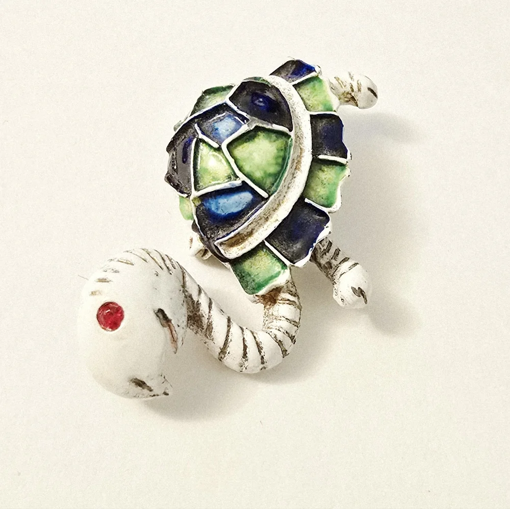 3/$50 Vintage 60s enamel turtle brooch with rhinestone eyes green blue shell
